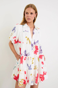 Dahlia Cream Poppy Floral Puff Sleeve Mini Tiered Shirt Dress