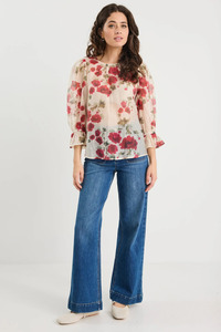 Among The Brave: Candid Cream Red Rose Crew Neck Mid Sleeve Top
