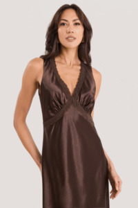 Maxi Dresses: Castle Chocolate Satin Lace Trim Maxi Dress
