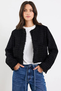 Honoured Black Texture Tweed Buttoned Jacket