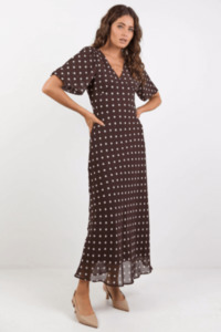 Aura Chocolate Polka Dot Puff Short Sleeve Bias Midi Dress