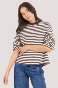Tops 1: Unite Chocolate White Stripe Long Sleeve Contrast Binding Tee