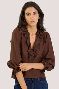Tops 1: Decorate Chocolate Black Polka Dot Frill Front Mid Sleeve Top