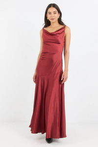 Bountiful Red Paprika Satin Tie Back Bias Slip Maxi Dress