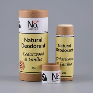 Products: Natural Deodorant – Cedarwood & Vanilla (Baking Soda-Free) – Compostable Tube – No. 8 Essentials