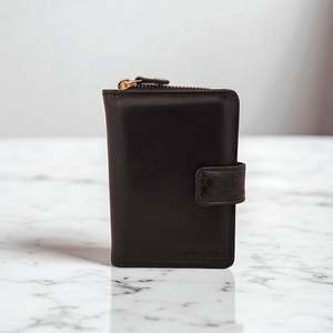 Woman’s Genuine Leather Bi Fold Zip Around Wallet - Black With Crocodile Tab