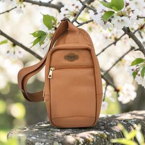 Genuine Leather: Woman's Genuine Leather Crossbody Sling Bag - Tan