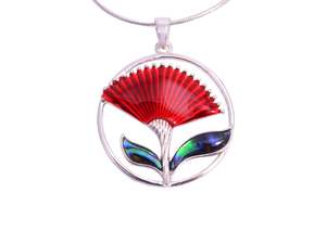Kiwicraft Red Pohutukawa Paua Shell Round Pendant with Box