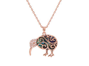 Kiwiana Jewellery: Kiwicraft Paua Shell Rose Gold Kiwi Pendant with Box