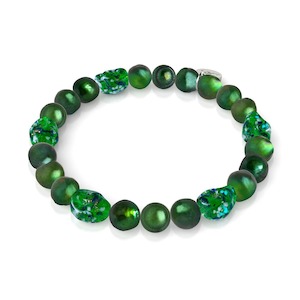 Jewelry: Emerald Crown | .925 Sterling Silver | Green Freshwater Pearl x Firefly Glass Skull Bracelet