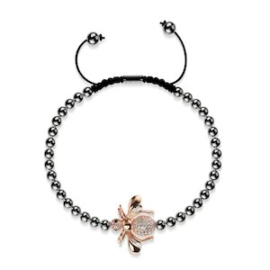 Queen | Gunmetal & 18k Rose Gold | Crystal Honeybee Macrame Charmballa Bracelet