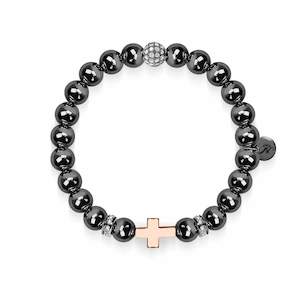 Symbolic Charms: Gunmetal and 18k Rose Gold | Gilded Cross Bracelet