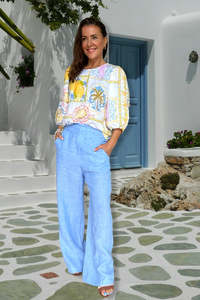 Shirts Tops: Linen 3/4 Sleeve Top - Amalfi Dreams