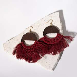Earrings: Wine Macrame Tassel Wooden Earrings