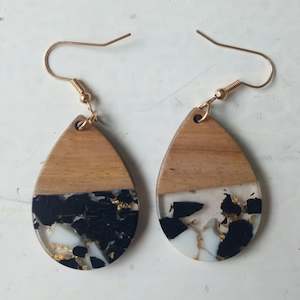 Earrings: B/W Gold Flake - Teardrop Wood & Resin Earrings