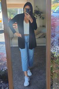 All Nooz Cardis: Black Long Pleat Shoulder Cardigan
