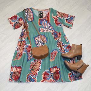 Teal & Rust Leaf - Boho Kalani Babydoll Dress