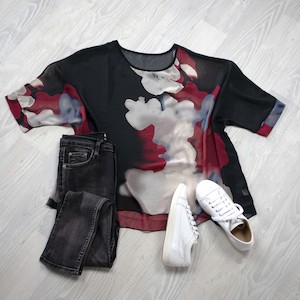 Draped Tops: Maroon Splash Draped Top - Vogue Collection