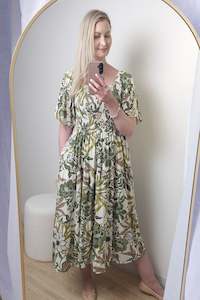 Boho Dresses: Shirred Bust Soph Maxi - Green Flora