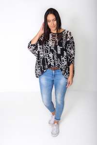 Draped Tops: Black/White Word Draped Top - Vogue Collection