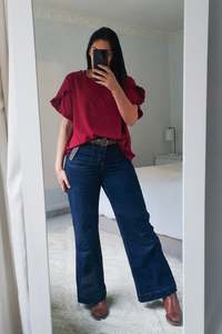 Flutter Sleeve Tees: Wine - Silky Vanessa Ruffle Sleeve Top