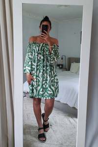Cicely Smock Dresses: Green - Off Shoulder Aurora Tunic Dress