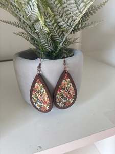 Floral Art Teardrop Wooden Earrings