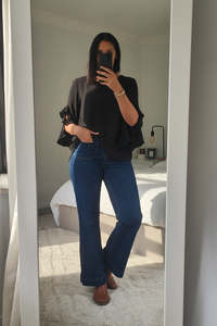 3/4 Ruffle Sleeve Chelsea Top - Black Sateen