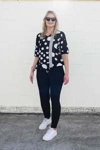 Tops: Short Sleeve Verity Tie Top - B/W Dot Fiesta
