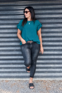 Tops: Turquoise - Silky Vanessa Ruffle Sleeve Top