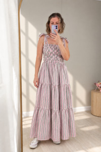 Dresses: Issey Tiered Maxi - Green/Pink Stripe