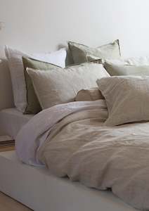 Duvet Covers: Linen Duvet Set - Charcoal Pinstripe