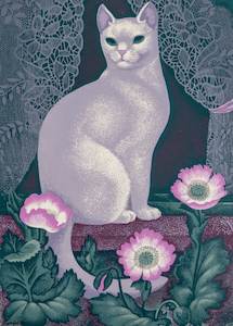 Print: White Cat & Poppies