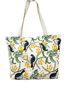 Tote Bags: Tui on Kowhai Flower Canvas Tote Bag