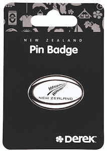 White metal rugby ball pin with NZ fern