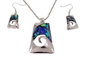 Paua Shell Jewelry: Boxed koru paua rhodium necklace set