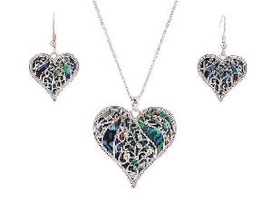 Paua Shell Jewelry: Boxed fern heart paua rhodium necklace set
