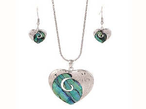 Paua Shell Jewelry: Boxed Paua koru heart & laser rhodium pendant set