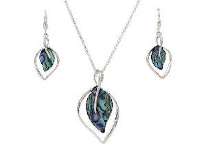 Boxed paua leaf rhodium necklace set