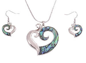 Paua Shell Jewelry: Boxed paua koru laser rhodium pendant set