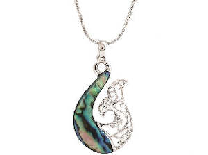 Boxed paua whale-tail rhodium pendant