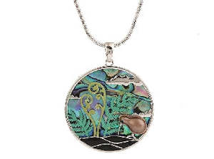 Boxed paua kiwi with silver-fern rhodium pendant