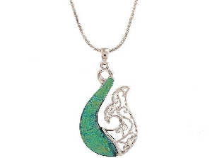Boxed blue whale-tail rhodium pendant
