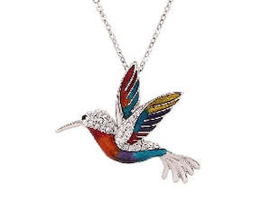 Boxed colorful hummingbird rhodium pendant