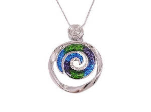 Boxed blue/green koru rhodium pendant