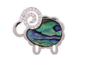 Boxed paua koru sheep rhodium brooch