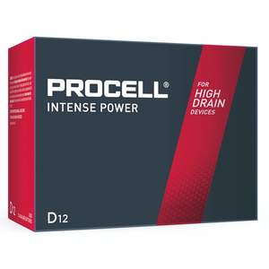 Procell INTENSE Power D Size Battery 1.5V Alkaline for HIGH DRAIN Bulk Box of 12