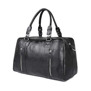 Briefcases: Black Leather Duffle Bag NZ - Luxury Travel Bag 29L