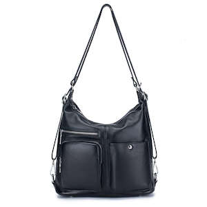 Multi-Way Women's Leather Backpack - Black Shoulder & Crossbody Bag
