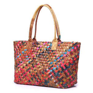 Tote Bags: Colorful Woven Leather Tote Bag - Women's Handbag